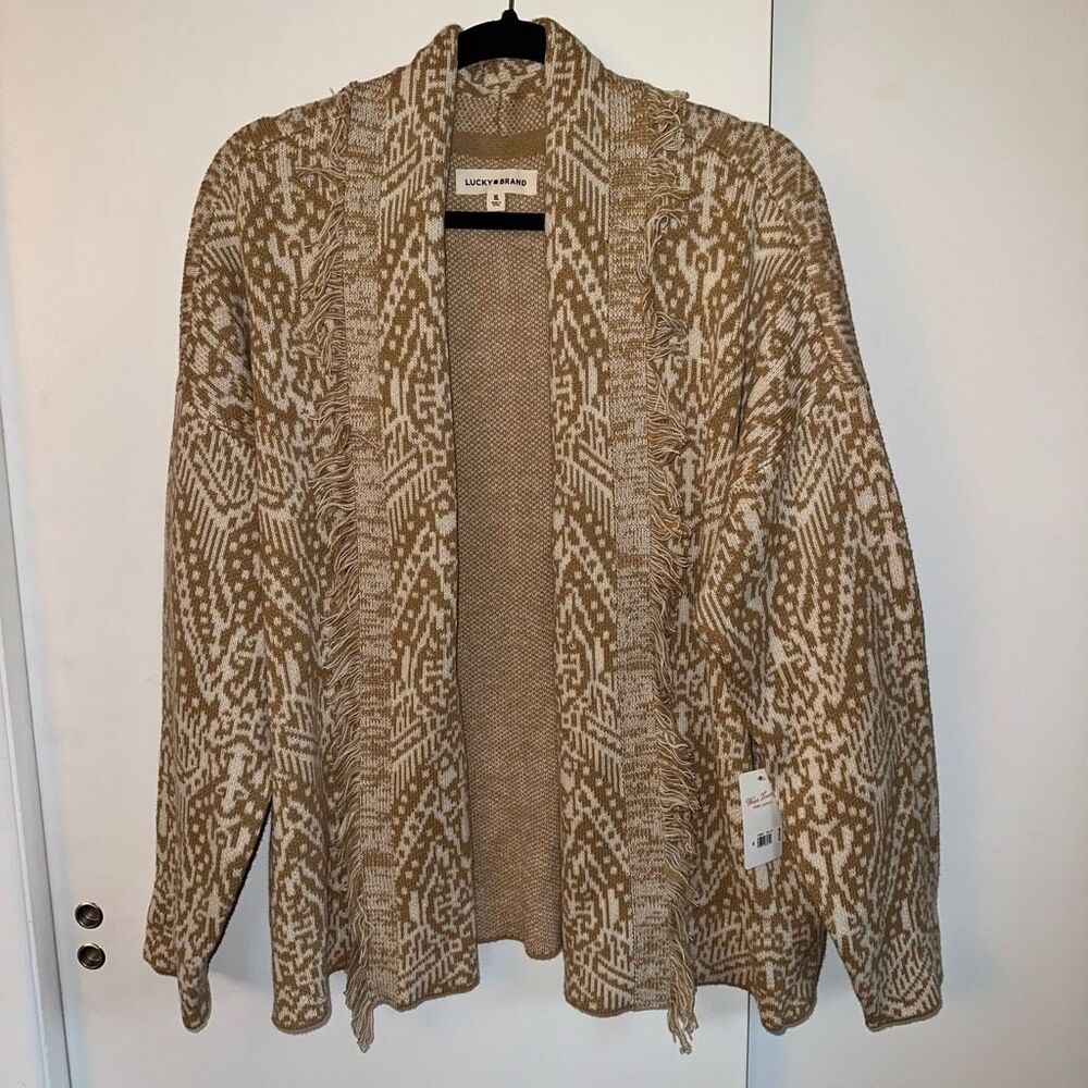 Lucky Brand Women’s XL Gold Cream White Fringe Pattern Cardigan Sweater NWT